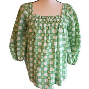Dip Green Checkered Blouse with Floral Design